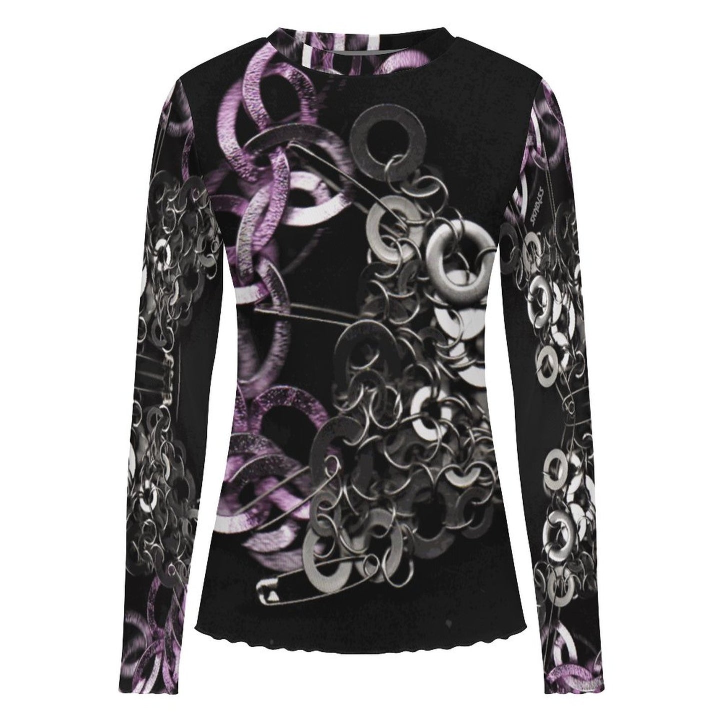 Black long-sleeve shirt with intricate silver and purple design on a white background, SKNDLSS