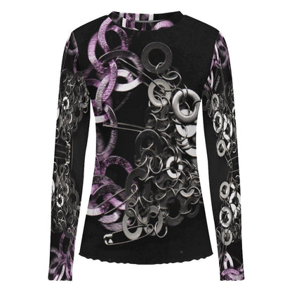 Black long-sleeve shirt with intricate silver and purple design on a white background, SKNDLSS