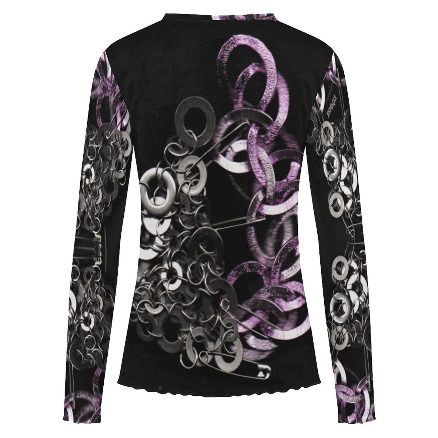 Black long-sleeve shirt with intricate purple and silver design on a white background