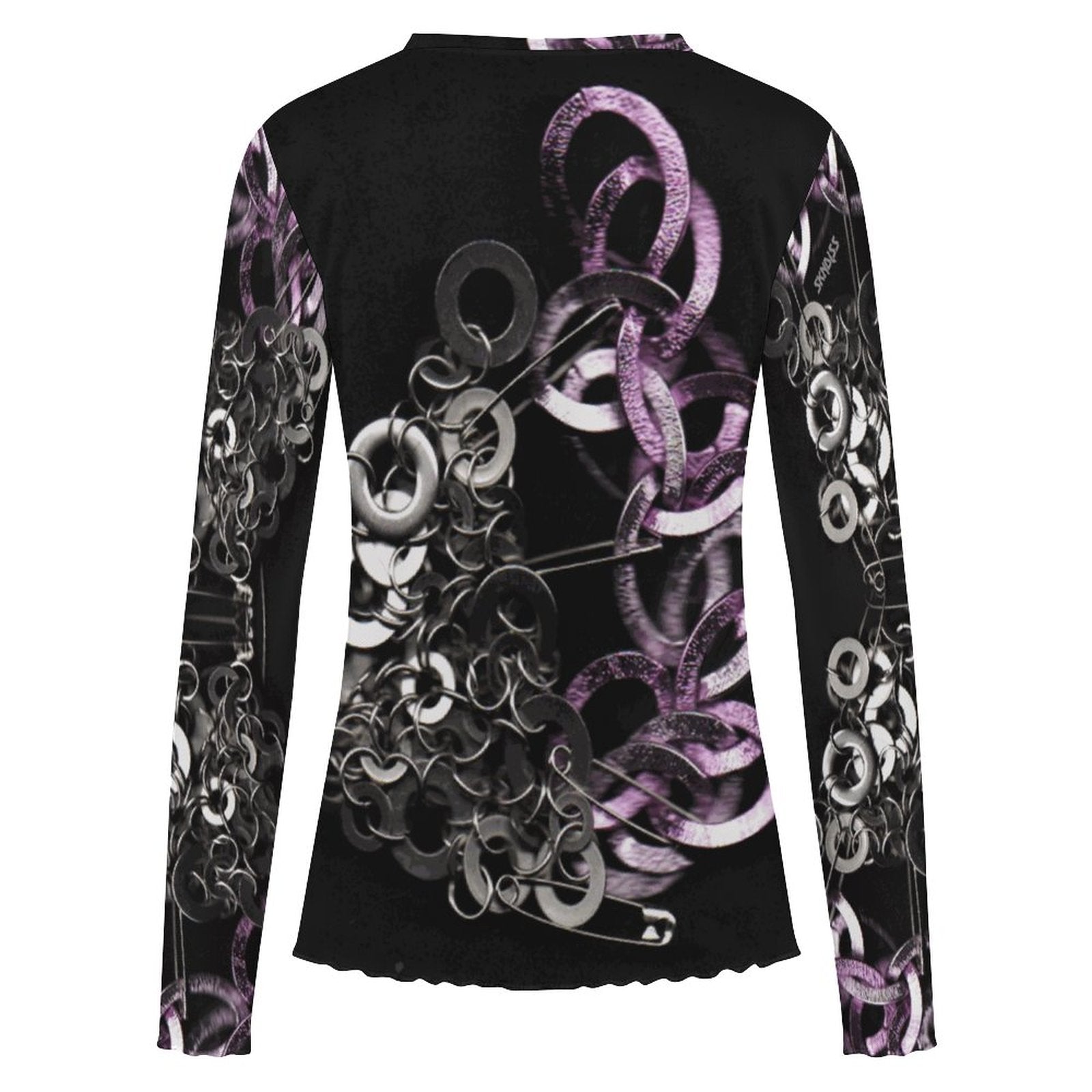 Black long-sleeve shirt with intricate purple and silver design on a white background