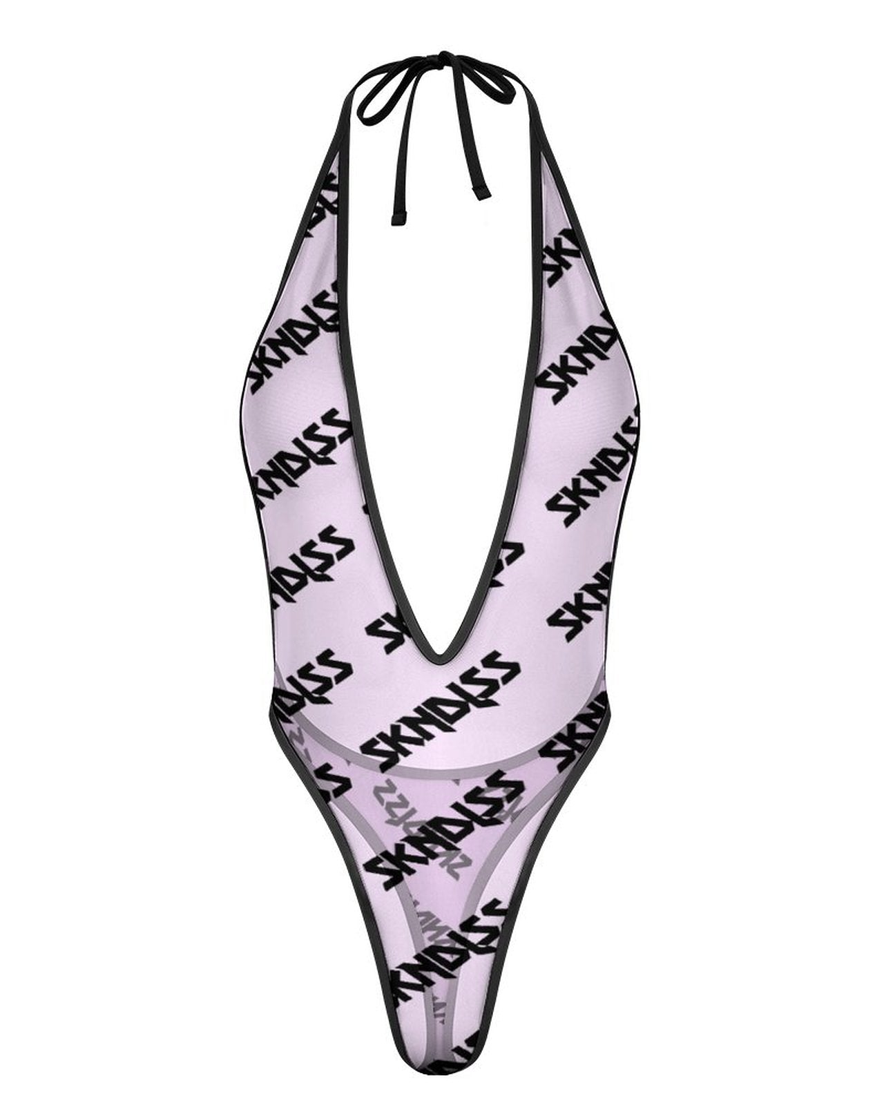 A halter-neck, deep V-cut sheer mesh one-piece swimsuit with an allover black 'SKNDLSS' logo print on a pale pink background, shown against a plain white background.