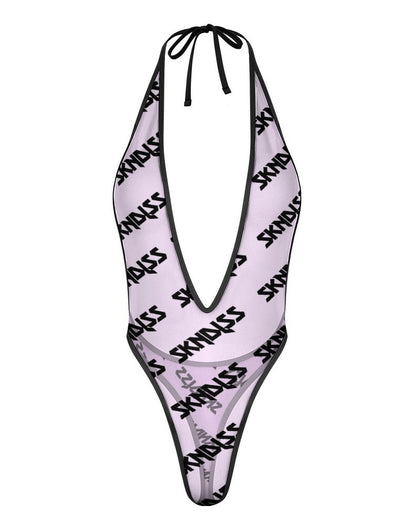A halter-neck, deep V-cut sheer mesh one-piece swimsuit with an allover black 'SKNDLSS' logo print on a pale pink background, shown against a plain white background.