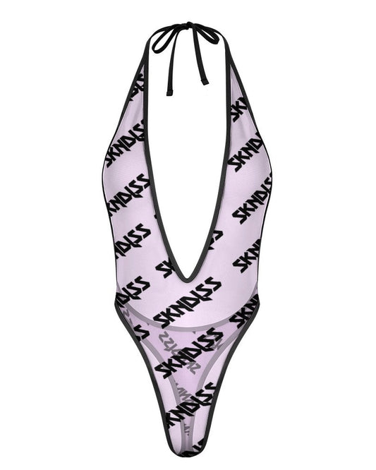 A halter-neck, deep V-cut sheer mesh one-piece swimsuit with an allover black 'SKNDLSS' logo print on a pale pink background, shown against a plain white background.