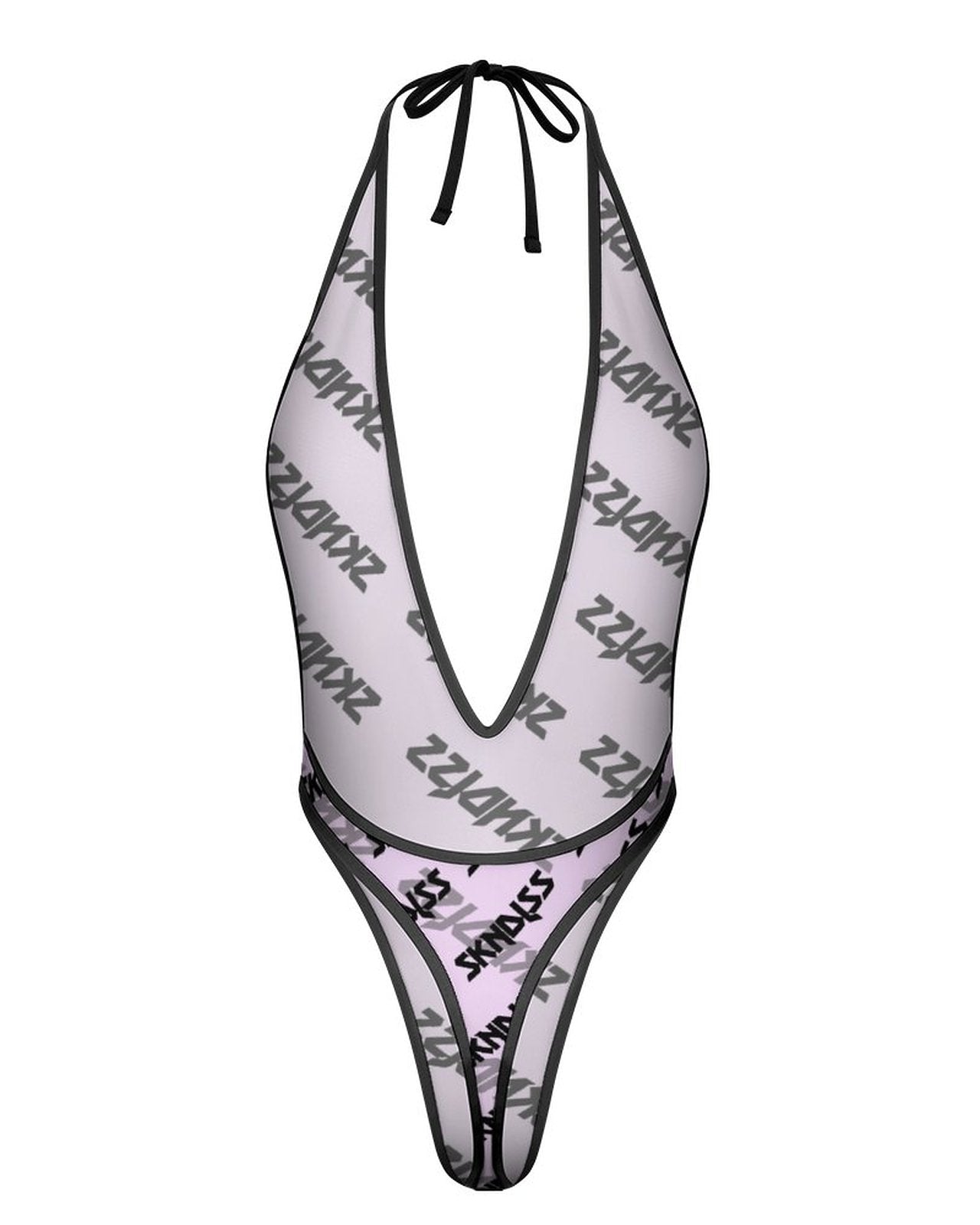 A halter-neck, deep V-neck thong-style swimsuit in sheer white mesh with black trim and an allover black 'SKNDLSS' logo print, shown against a plain white background.