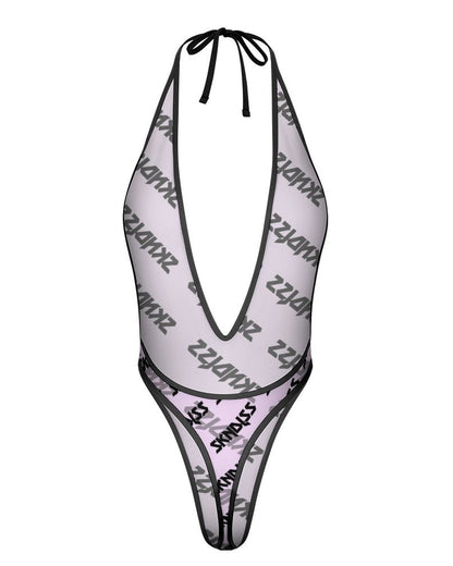 A halter-neck, deep V-neck thong-style swimsuit in sheer white mesh with black trim and an allover black 'SKNDLSS' logo print, shown against a plain white background.