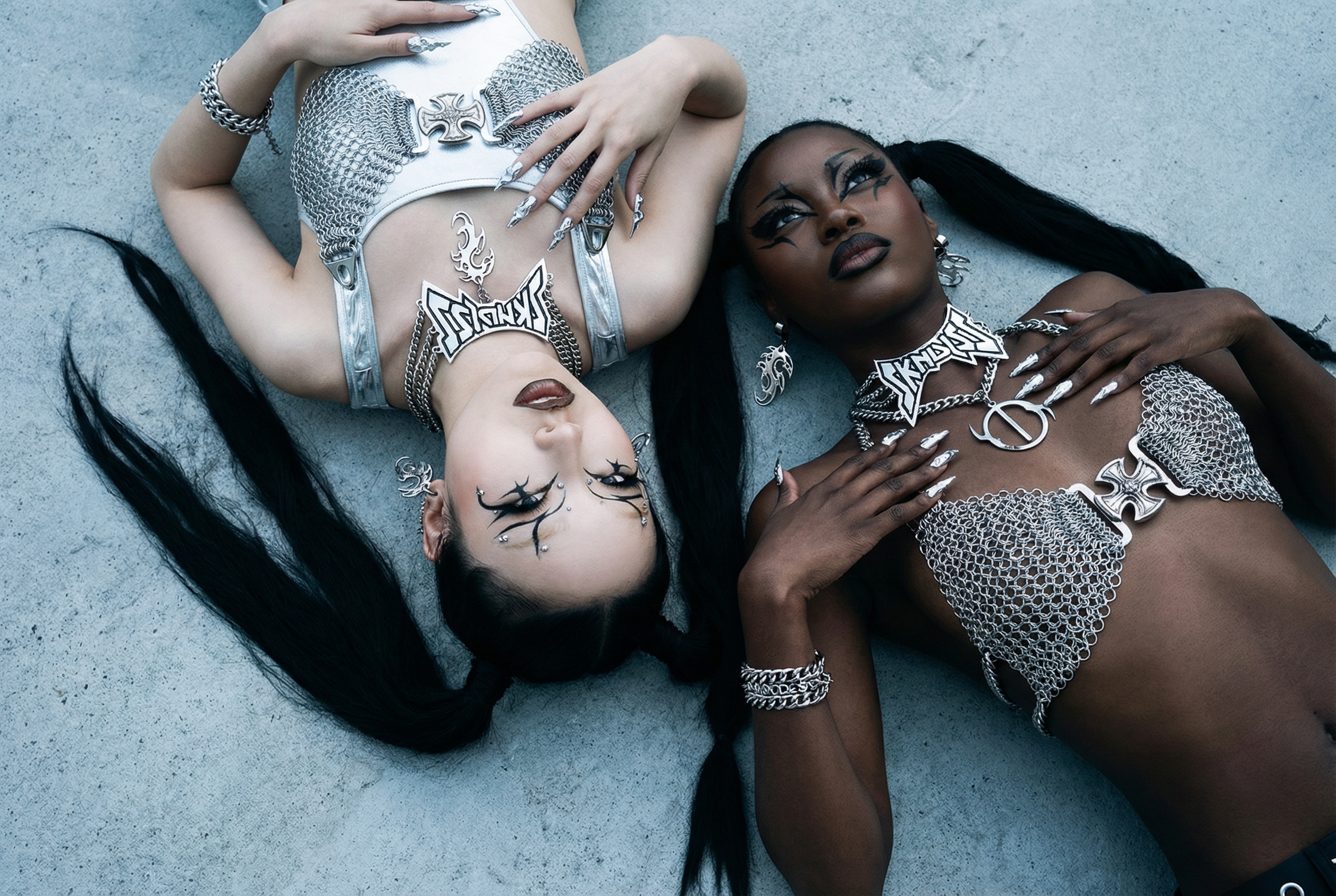 Two women lying on a concrete surface wearing silver outfits with intricate designs.